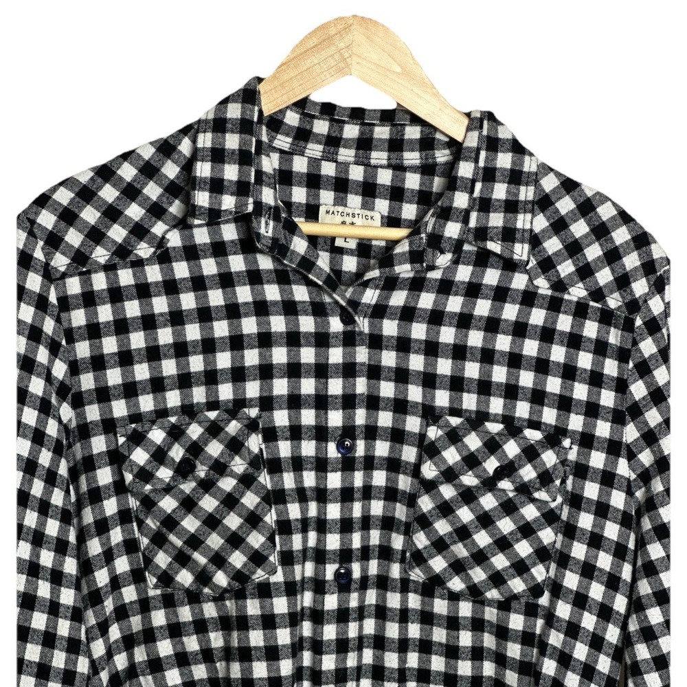 Matchstick Plaid Flannel Shirt Black White Button-Up Long Sleeve Women's Large - Picture 2 of 7